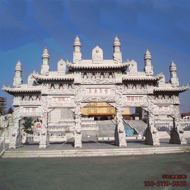 五間六柱復古寺廟景區(qū)牌坊雕塑