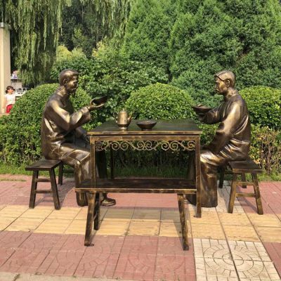 大碗茶，玻璃鋼仿銅民俗生活人物情景雕塑