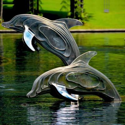 不銹鋼海豚雕塑，池塘水景抽象海豚景觀動物雕塑