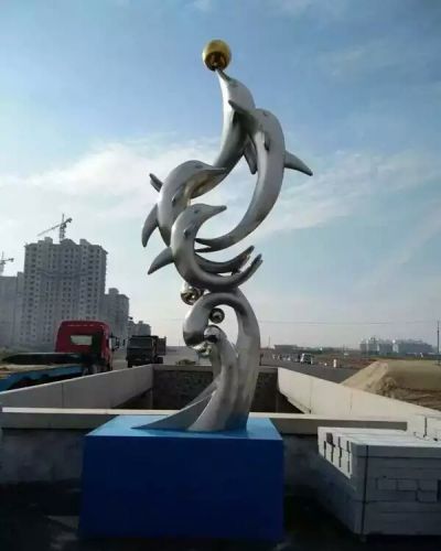 噴泉水景創(chuàng)意不銹鋼海豚戶(hù)外園林?jǐn)[件