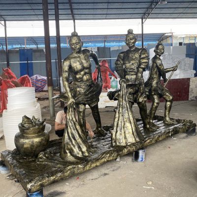 捕魚，玻璃鋼仿銅民俗生活人物情景雕塑