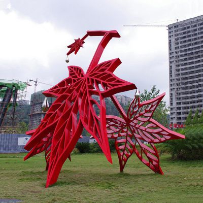 不銹鋼樹(shù)葉景觀擺件，紅色楓葉不銹鋼雕塑
