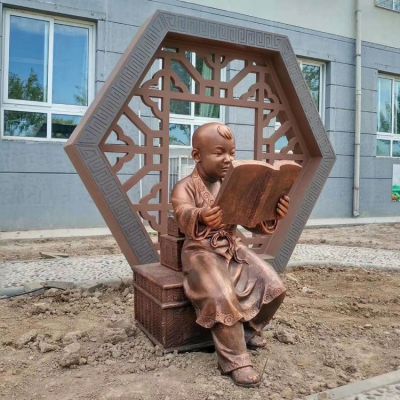 古代看書的小孩，校園鑄銅鍛銅創(chuàng)意學(xué)習(xí)廣場(chǎng)書籍雕塑