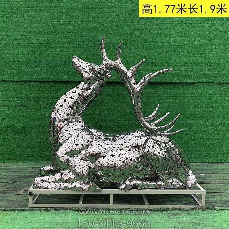 不銹鋼梅花鹿，鏡面鏤花鹿雕塑