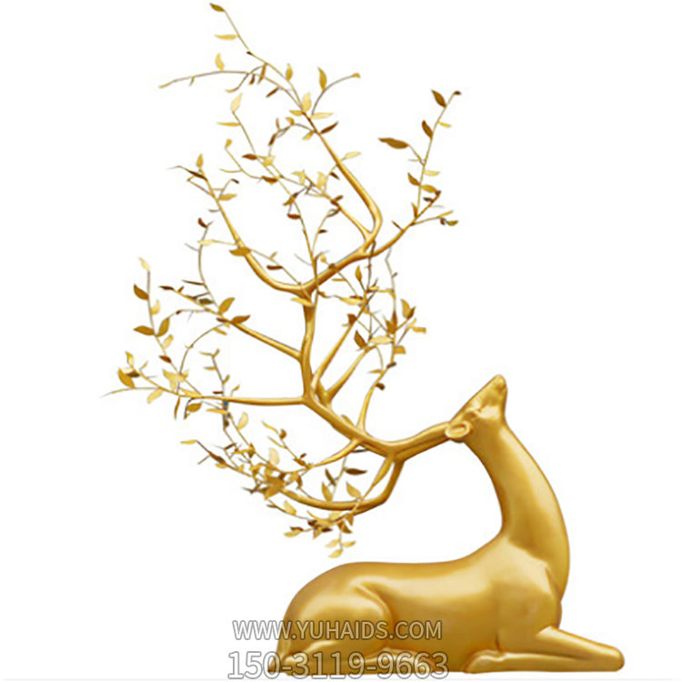 臥姿抬頭梅花鹿，樹(shù)葉修飾創(chuàng)意鹿雕塑