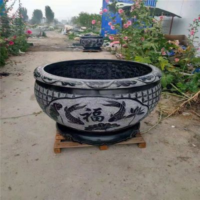 別墅戶(hù)外園林?jǐn)[放天然大理石做舊浮雕圓形鯉魚(yú)水缸