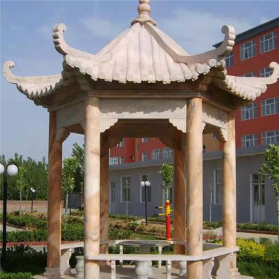 晚霞紅大理石戶(hù)外小區(qū)乘涼中式六角涼亭