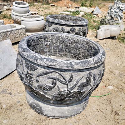 青石魚缸，鯉魚荷花刻紋仿古水缸