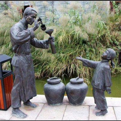 打酒，鑄銅民俗生活情景人物雕塑