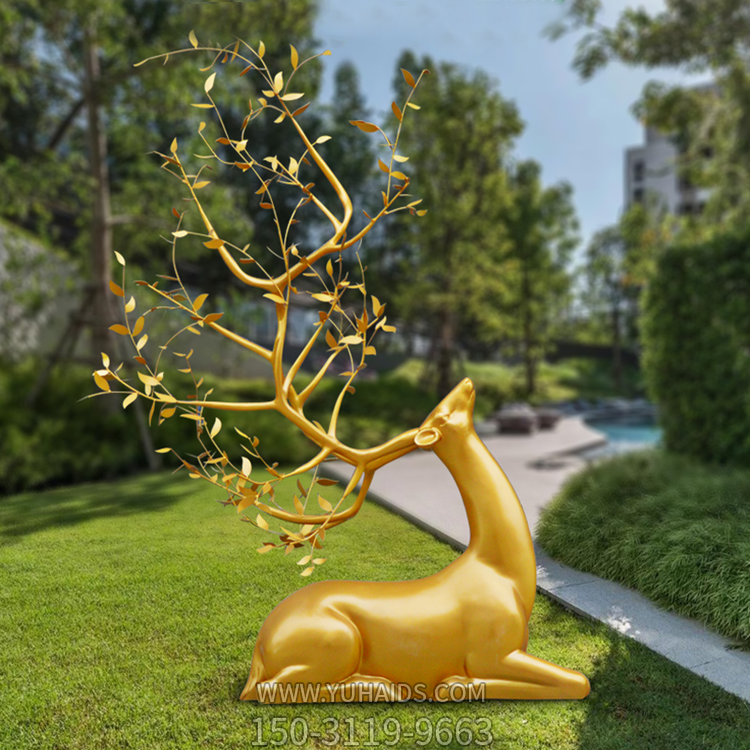 玻璃鋼金色創(chuàng)意梅花鹿，園林草坪動物擺件雕塑