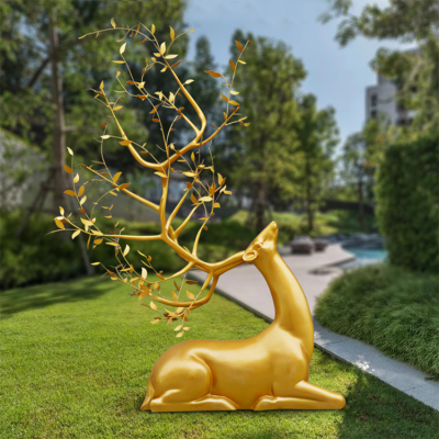 玻璃鋼金色創(chuàng)意梅花鹿，園林草坪動物擺件