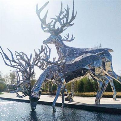 戶(hù)外噴泉水景大型不銹鋼鏤空，梅花鹿擺件